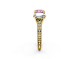 Yellow gold Three-Stone Fancy Pink Cushion  Diamond Milgrain Pave Band with Prong Setting 2