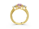 Yellow gold Three-Stone Fancy Pink Cushion  Diamond Milgrain Pave Band with Prong Setting 3