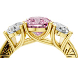 Yellow gold Three-Stone Fancy Pink Cushion  Diamond Milgrain Pave Band with Prong Setting 4
