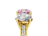 Yellow gold Three-Stone Fancy Pink Cushion  Diamond Milgrain Pave Band with Prong Setting 5