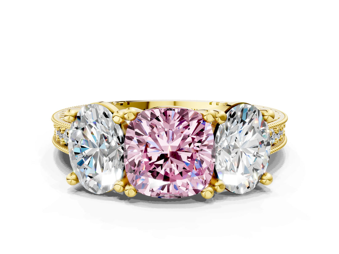 Yellow gold Three-Stone Fancy Pink Cushion  Diamond Milgrain Pave Band with Prong Setting