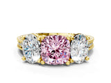 Yellow gold Three-Stone Fancy Pink Cushion  Diamond Milgrain Pave Band with Prong Setting