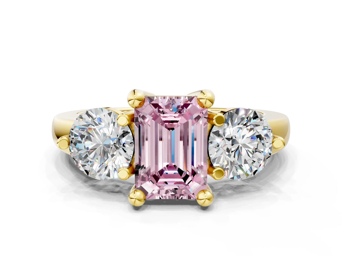 Yellow gold Three-Stone Fancy Pink Emerald  Brilliant Cut Solitaire Ring with Prong Setting on a Classic Band 1