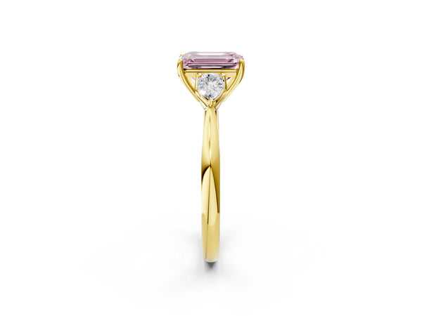Yellow gold Three-Stone Fancy Pink Emerald Cut Brilliant Diamond Solitaire Ring with Tapered Band and Four-Prong Setting