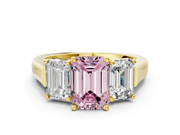 Yellow gold Three-Stone Fancy Pink Emerald Cut Brilliant Diamond Trellis Ring with Comfort Fit Band