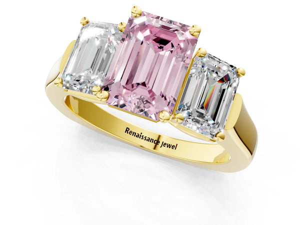 Yellow gold Three-Stone Fancy Pink Emerald Cut Brilliant Diamond Trellis Ring with Comfort Fit Band