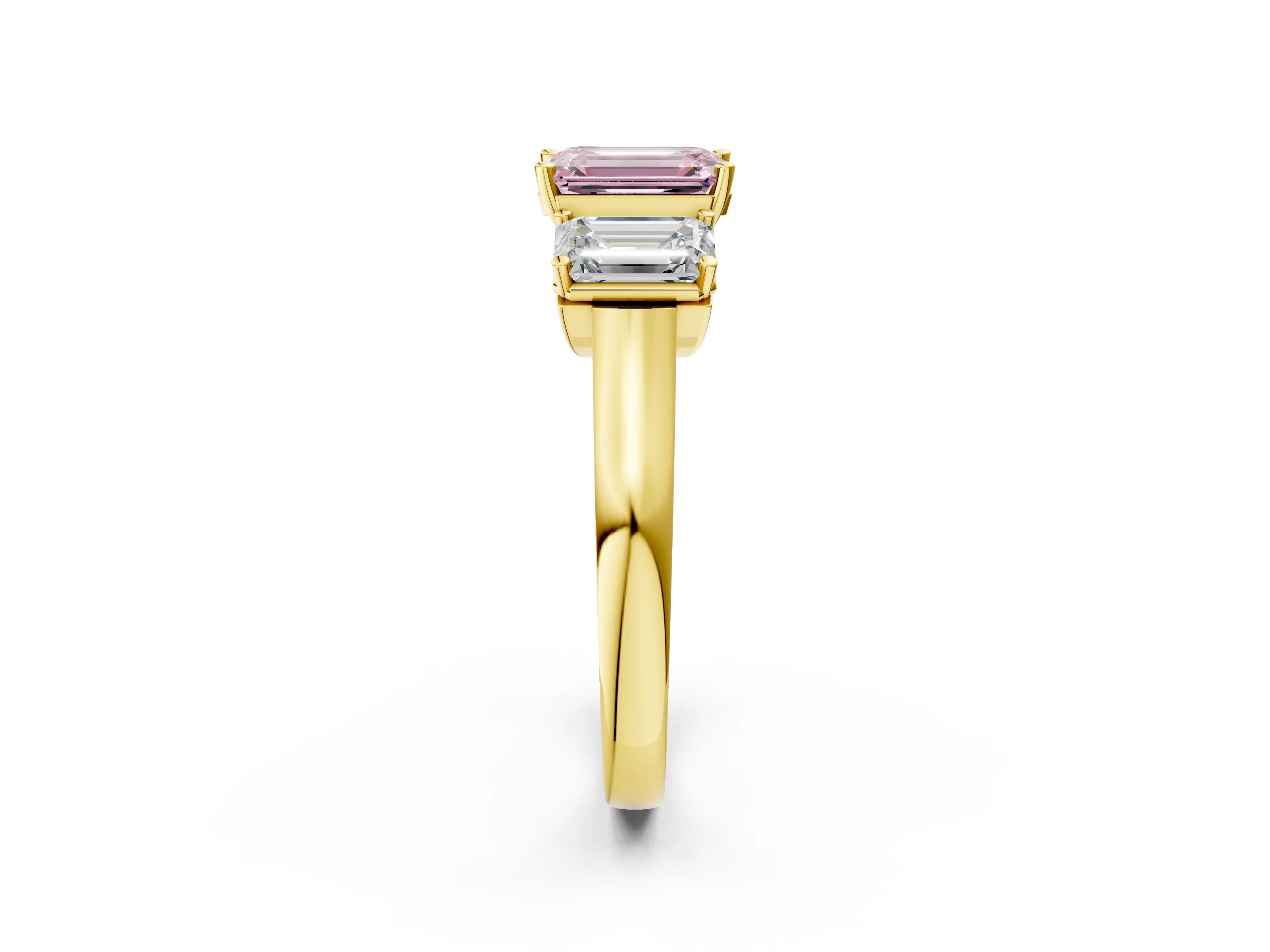 Yellow gold Three-Stone Fancy Pink Emerald Cut Brilliant Diamond Trellis Ring with Comfort Fit Band_2