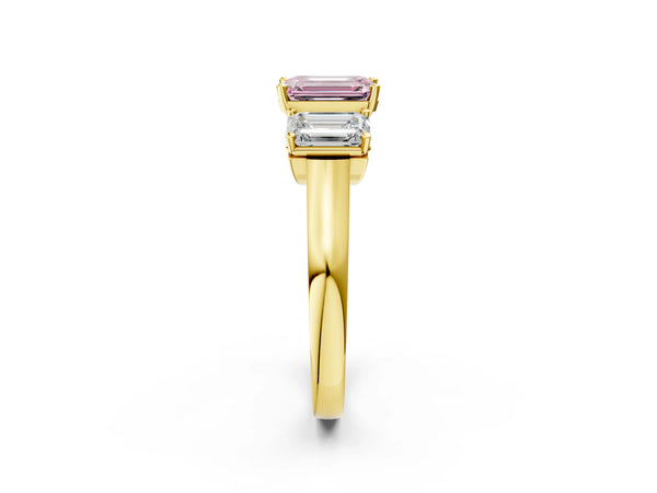 Yellow gold Three-Stone Fancy Pink Emerald Cut Brilliant Diamond Trellis Ring with Comfort Fit Band