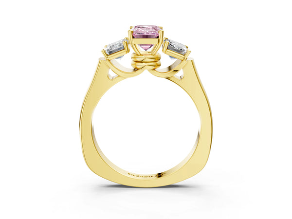 Yellow gold Three-Stone Fancy Pink Emerald Cut Brilliant Diamond Trellis Ring with Comfort Fit Band