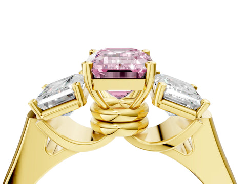 Yellow gold Three-Stone Fancy Pink Emerald Cut Brilliant Diamond Trellis Ring with Comfort Fit Band_4