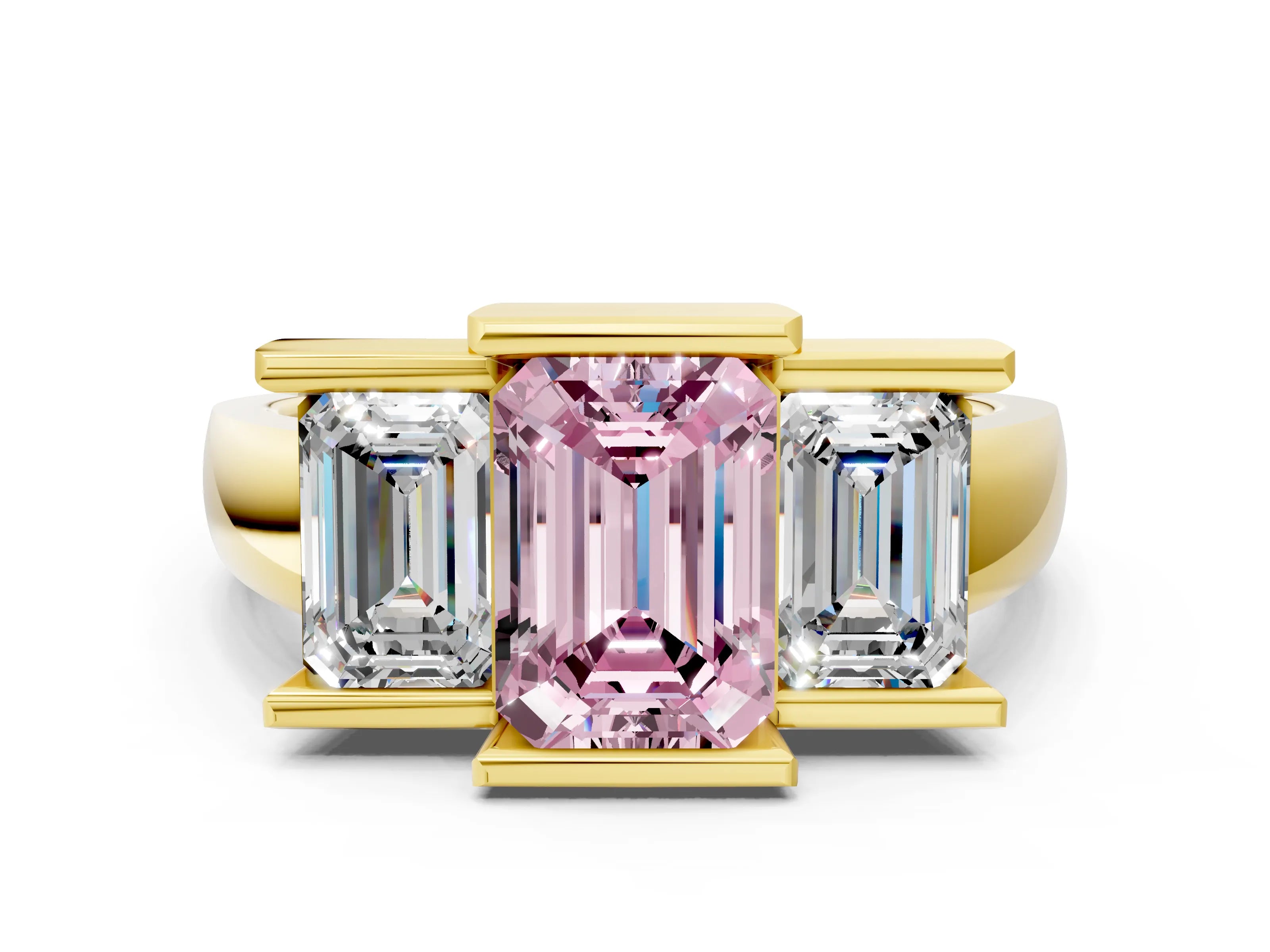 Yellow gold Three Stone Fancy Pink Emerald Cut Cut Channel Set Diamond Ring