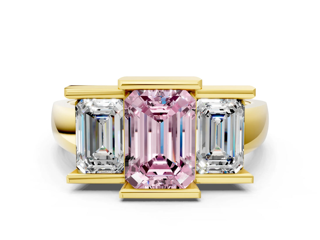Yellow gold Three Stone Fancy Pink Emerald Cut Cut Channel Set Diamond Ring