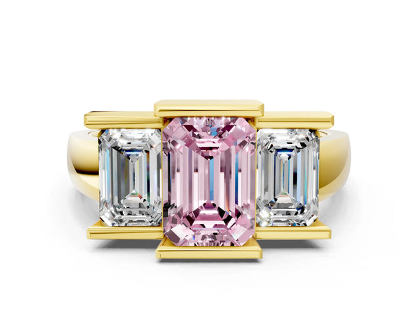 Yellow Gold Emerald Cut Channel Set Three Stone Engagement Ring Setting for Fancy Pink Center
