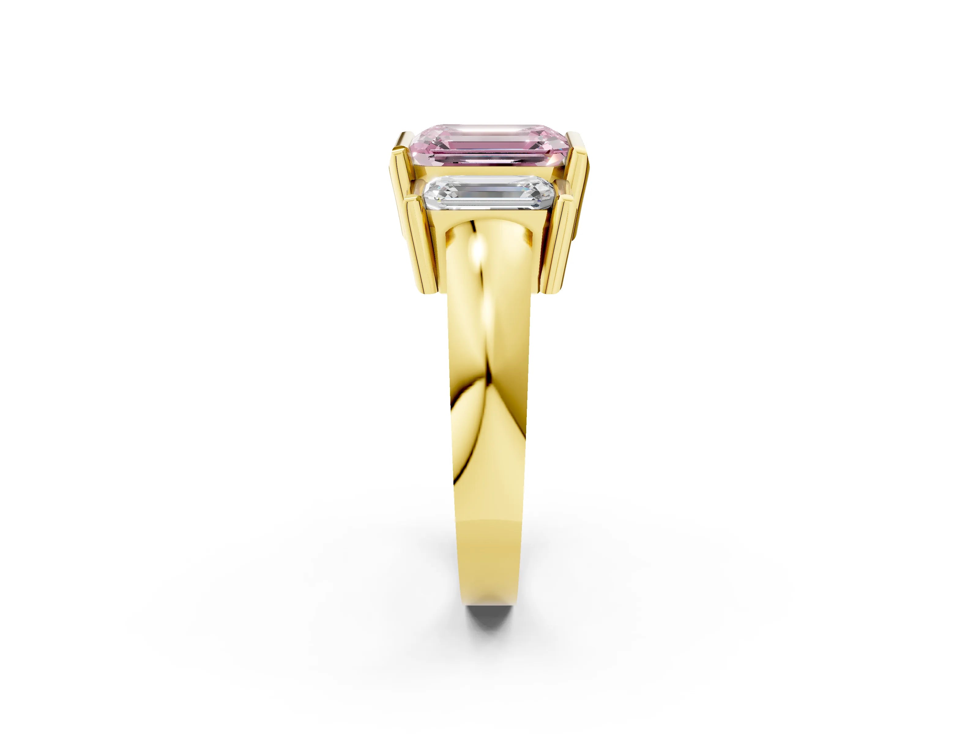 Yellow gold Three Stone Fancy Pink Emerald Cut Cut Channel Set Diamond Ring_2