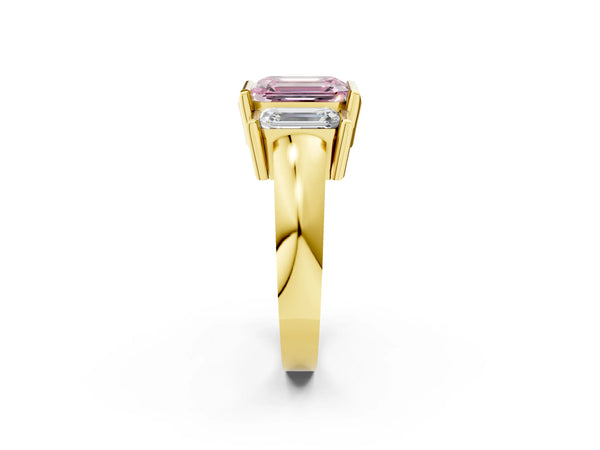 Yellow Gold Emerald Cut Channel Set Three Stone Engagement Ring Setting for Fancy Pink Center