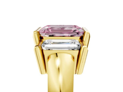 Yellow gold Three Stone Fancy Pink Emerald Cut Cut Channel Set Diamond Ring_5