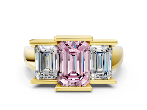 Yellow gold Three Stone Fancy Pink Emerald Cut Cut Channel Set Diamond Ring