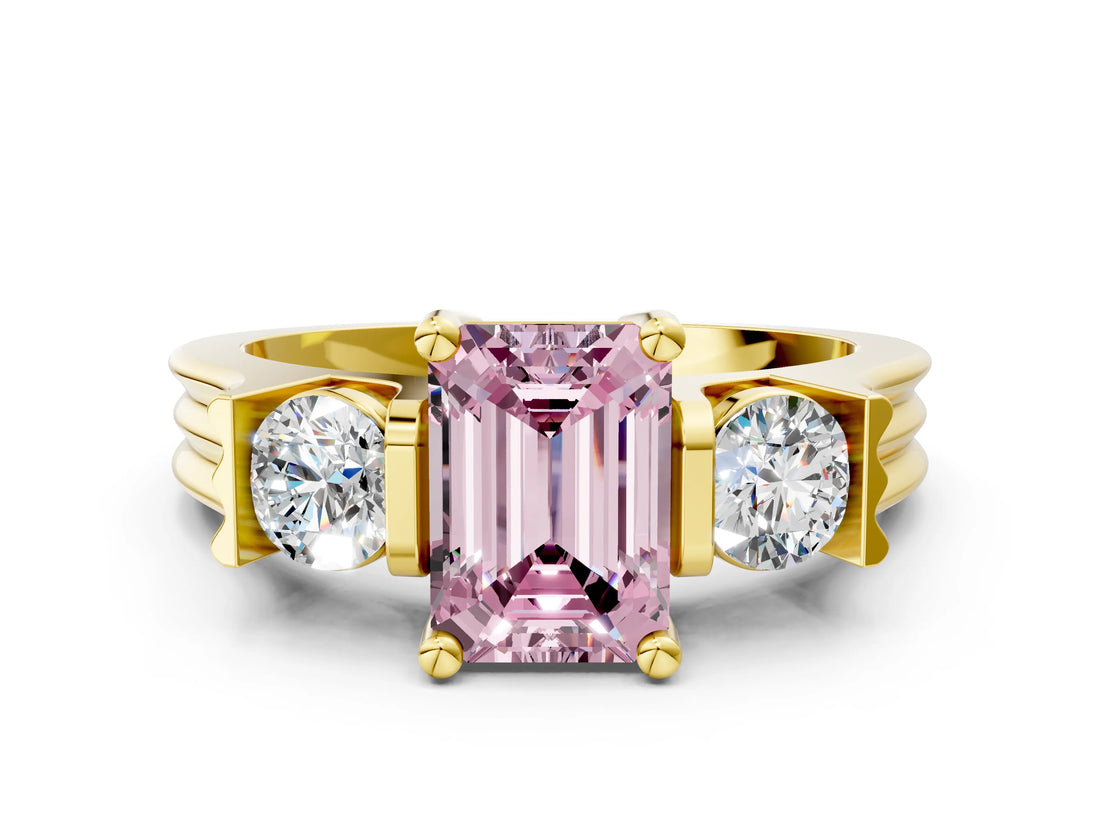 Yellow gold Three-Stone Fancy Pink Emerald Cut Cut Classic Band Prong Setting Ring