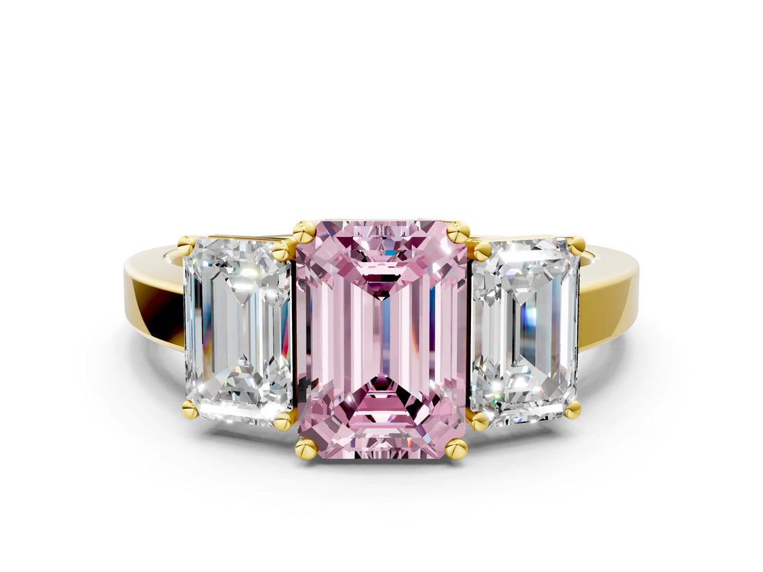 Yellow gold Three-Stone Fancy Pink Emerald Cut Cut Diamond Engagement Ring with Flat Band and Four-Prong Setting_12
