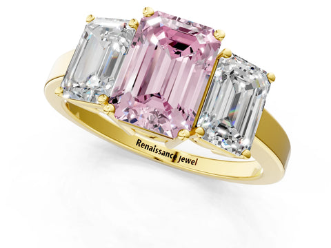 Yellow gold Three-Stone Fancy Pink Emerald Cut Cut Diamond Engagement Ring with Flat Band and Four-Prong Setting_13