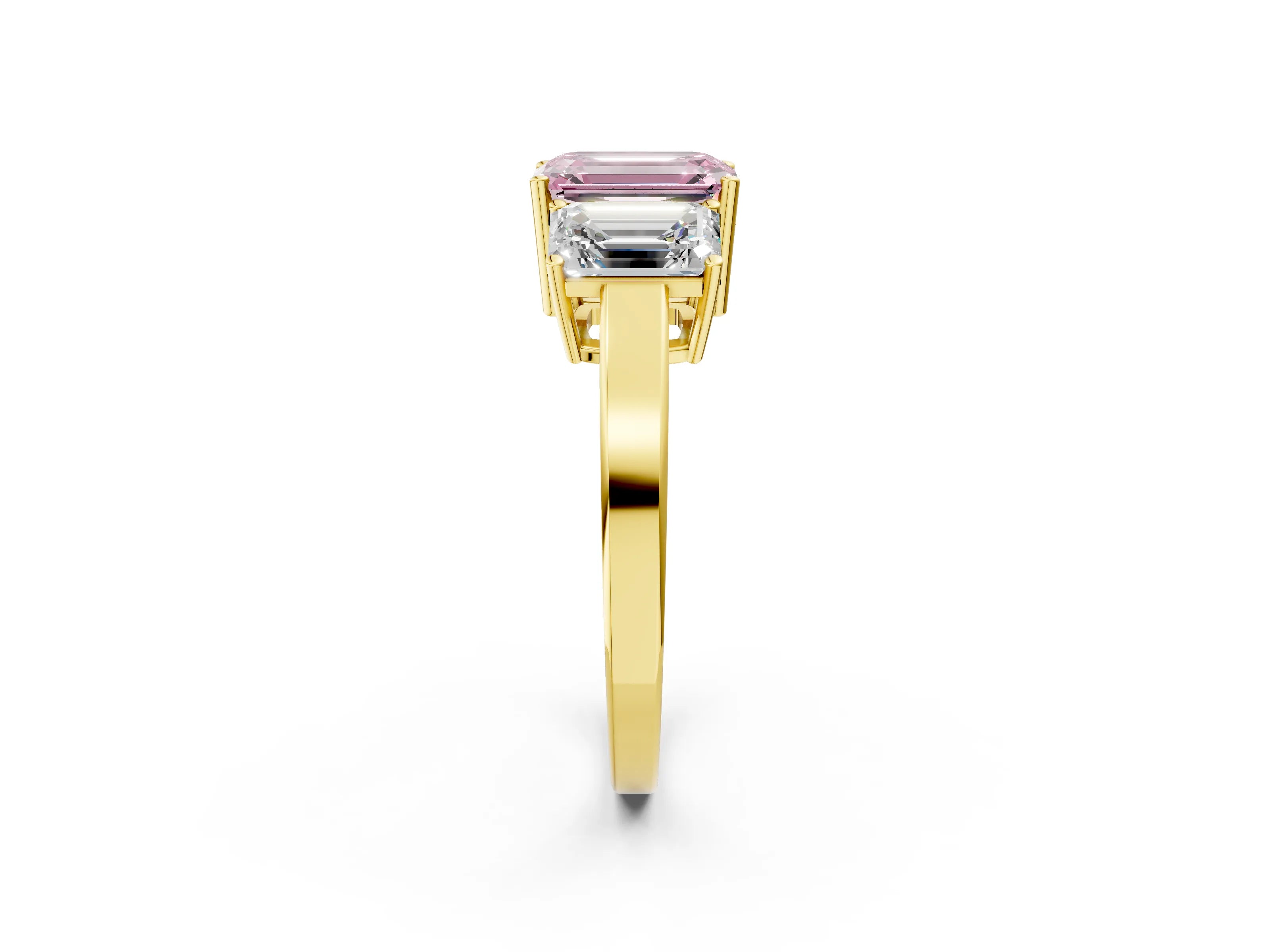 Yellow gold Three-Stone Fancy Pink Emerald Cut Cut Diamond Engagement Ring with Flat Band and Four-Prong Setting_14
