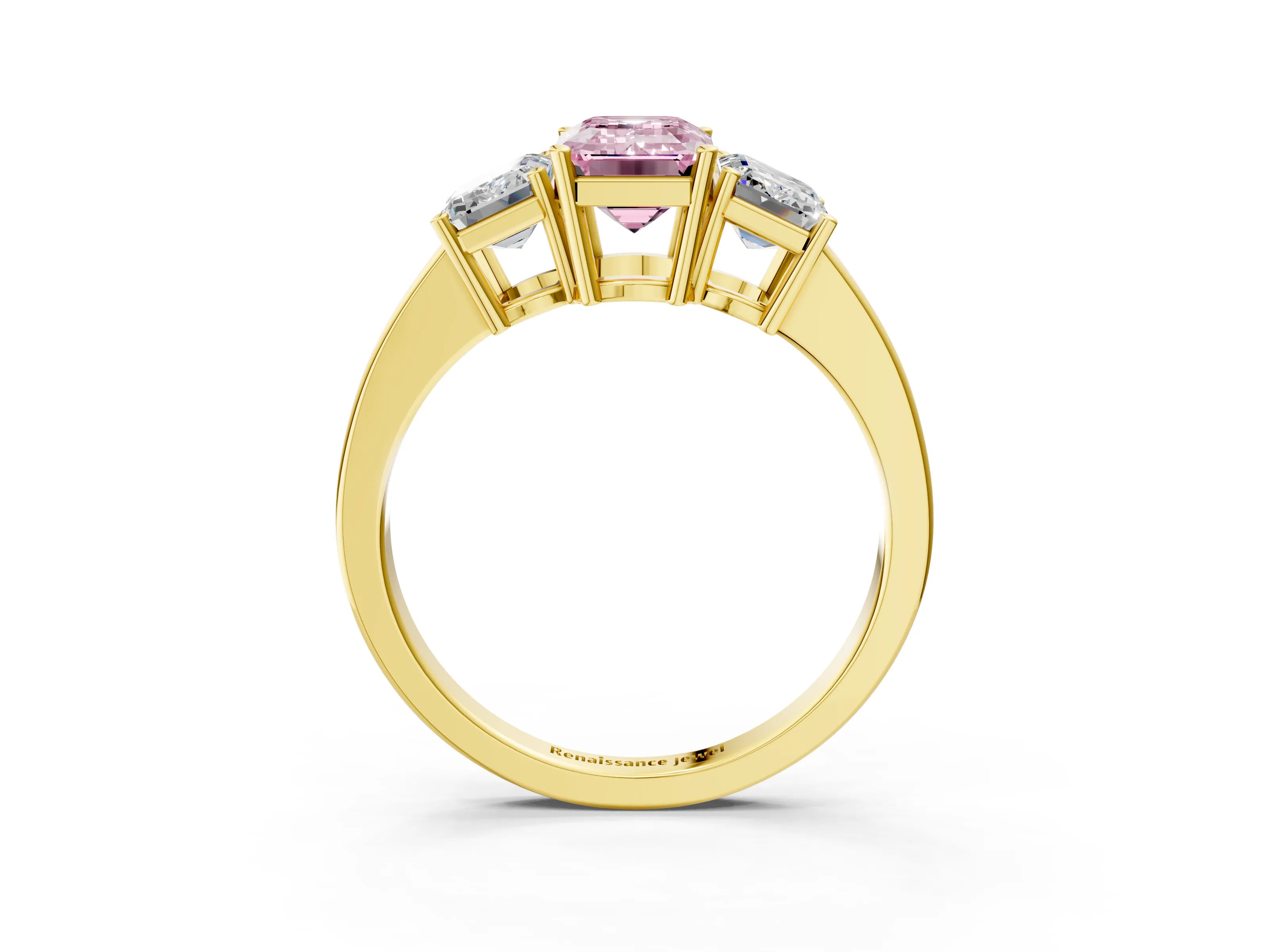 Yellow gold Three-Stone Fancy Pink Emerald Cut Cut Diamond Engagement Ring with Flat Band and Four-Prong Setting_15