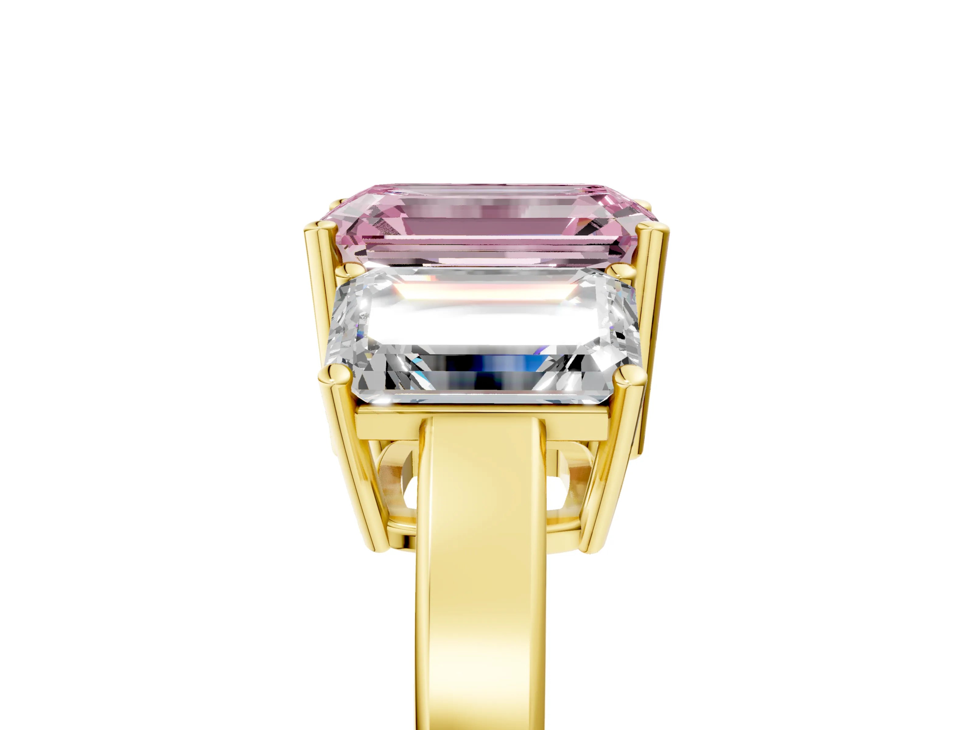 Yellow gold Three-Stone Fancy Pink Emerald Cut Cut Diamond Engagement Ring with Flat Band and Four-Prong Setting_5
