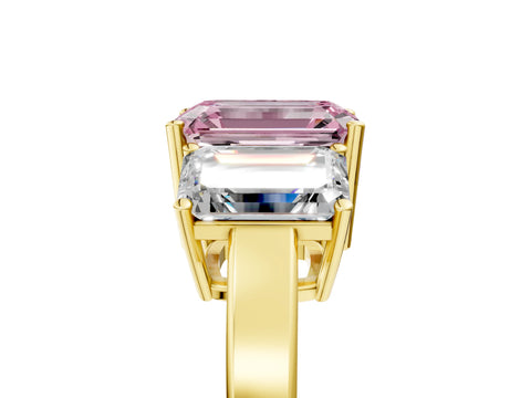 Yellow gold Three-Stone Fancy Pink Emerald Cut Cut Diamond Engagement Ring with Flat Band and Four-Prong Setting_5