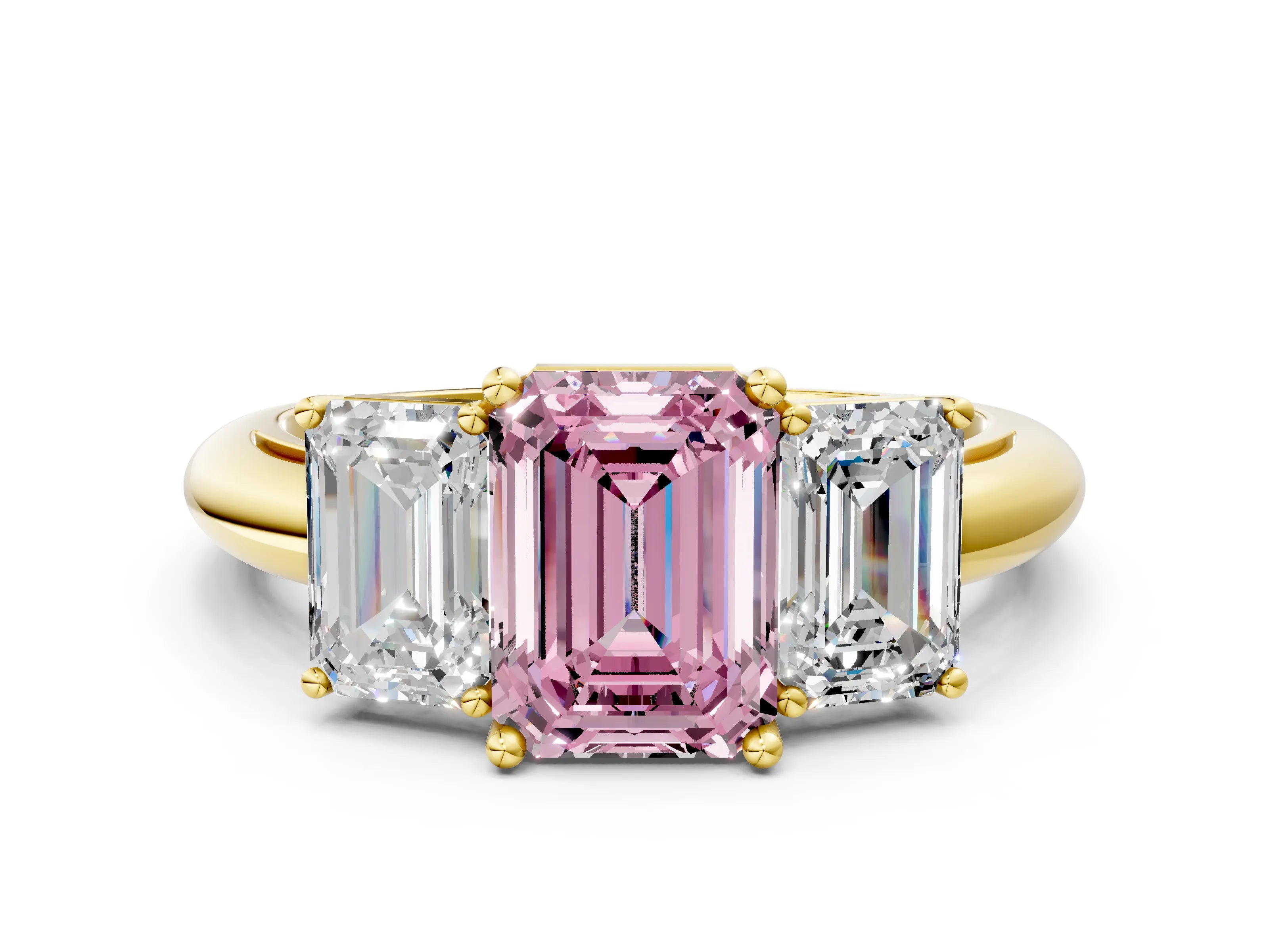 Yellow gold Three-Stone Fancy Pink Emerald Cut Cut Diamond Engagement Ring with Prong Setting on a White Gold Band