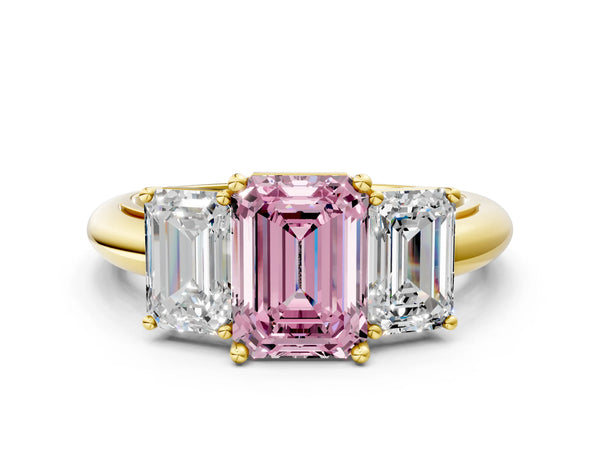 Yellow gold Three-Stone Fancy Pink Emerald Cut Cut Diamond Engagement Ring with Prong Setting on a White Gold Band