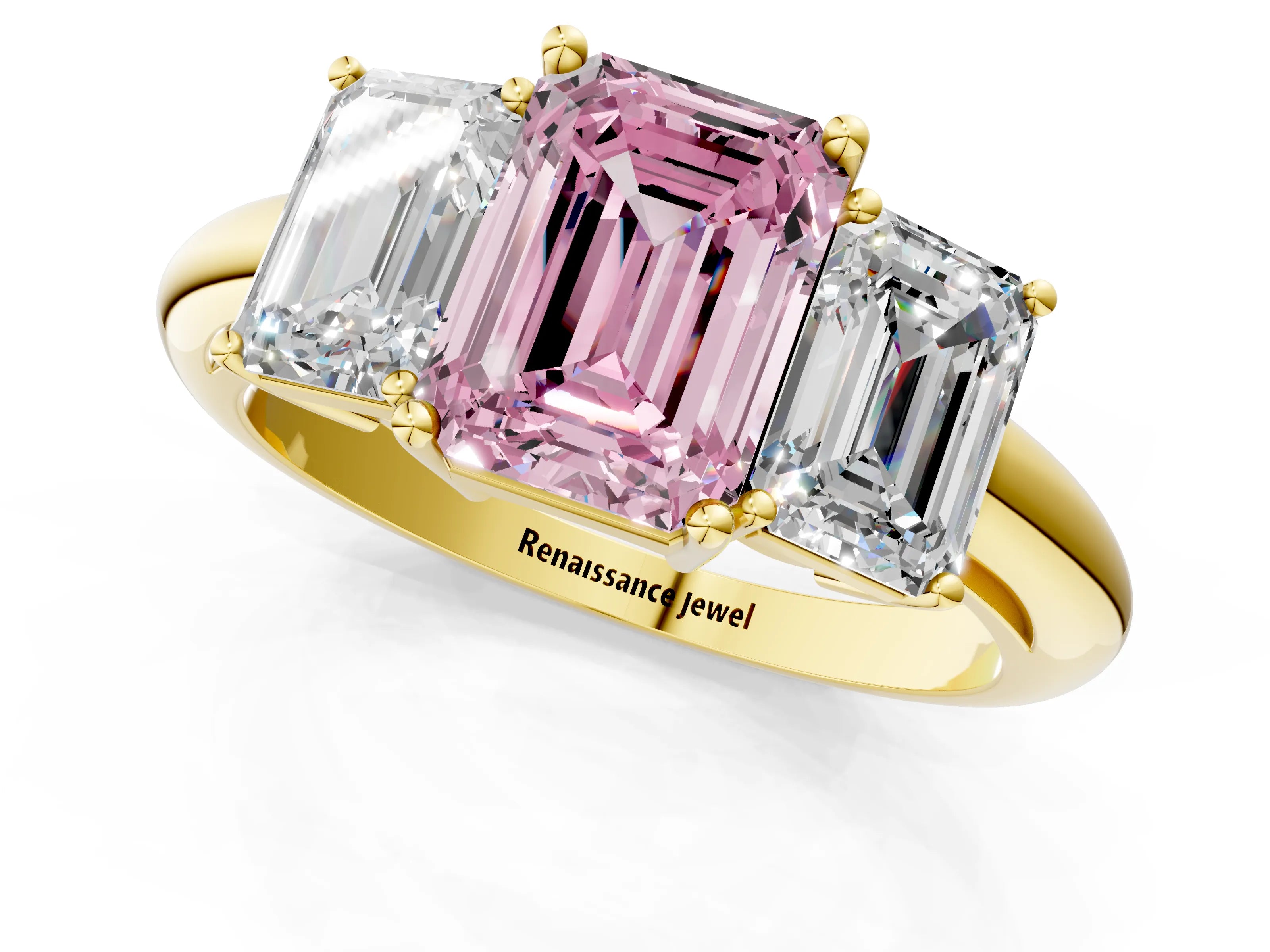 Yellow gold Three-Stone Fancy Pink Emerald Cut Cut Diamond Engagement Ring with Prong Setting on a White Gold Band_1