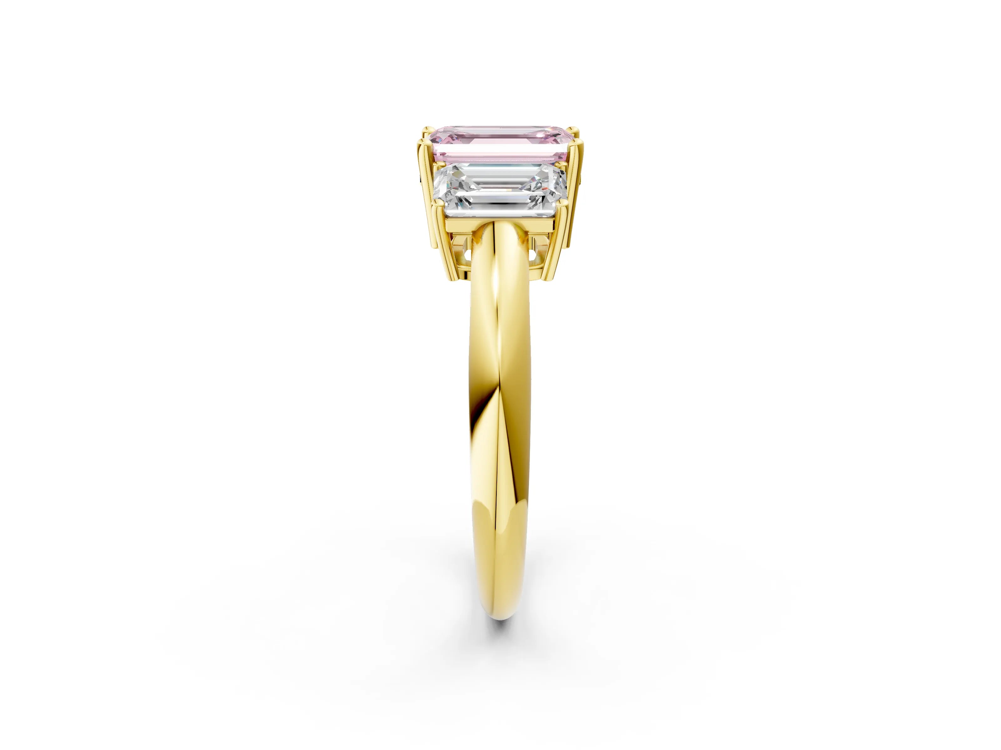 Yellow gold Three-Stone Fancy Pink Emerald Cut Cut Diamond Engagement Ring with Prong Setting on a White Gold Band_2