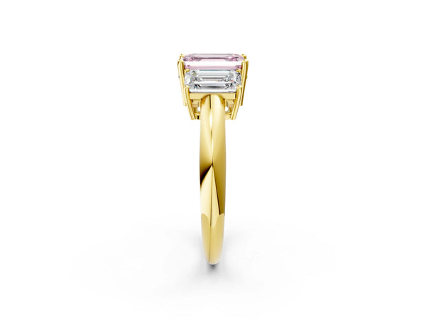 Yellow gold Three-Stone Fancy Pink Emerald Cut Cut Diamond Engagement Ring with Prong Setting on a White Gold Band