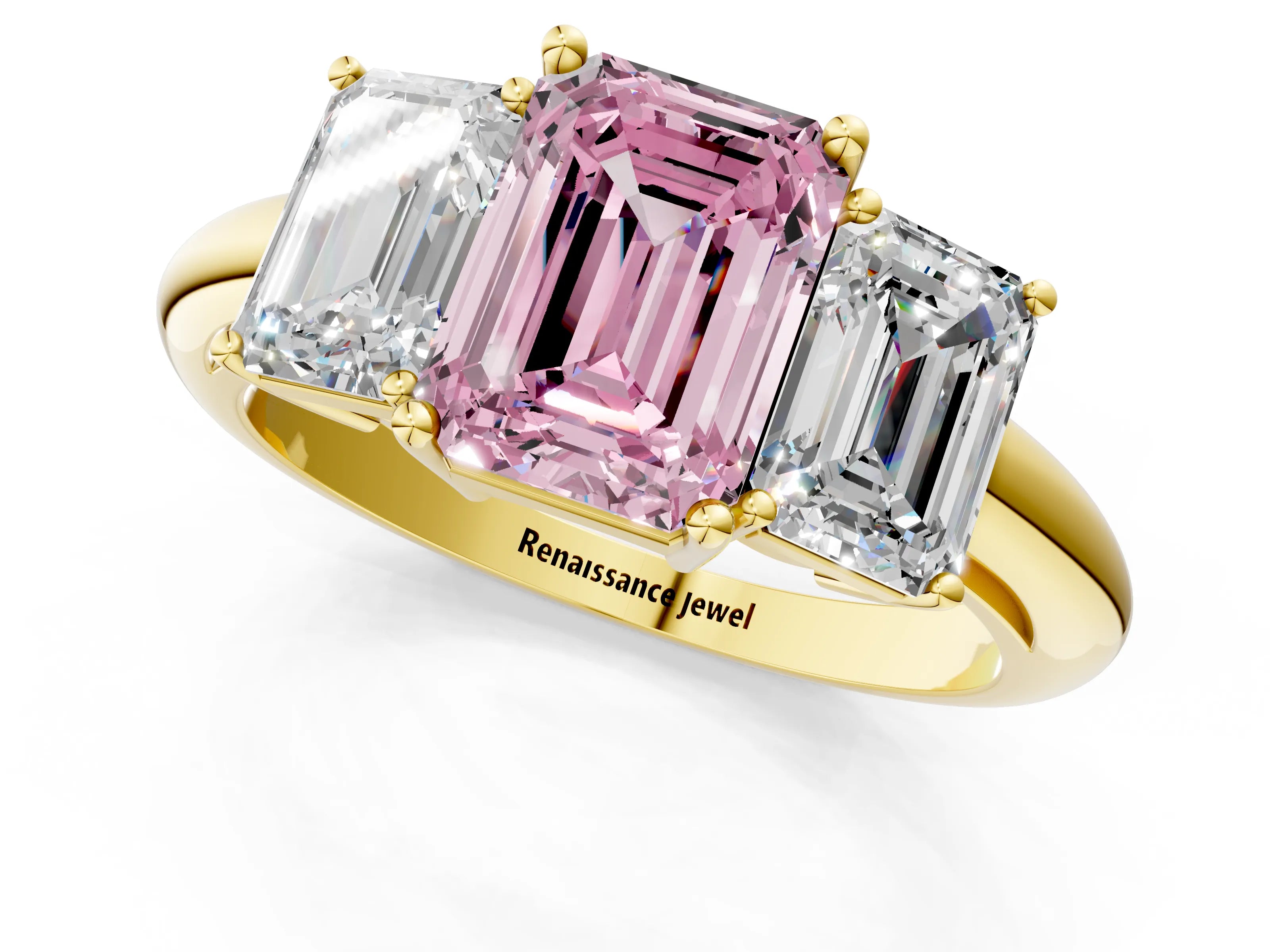 Yellow gold Three-Stone Fancy Pink Emerald Cut Cut Diamond Engagement Ring with Prong Setting on a White Gold Band_37