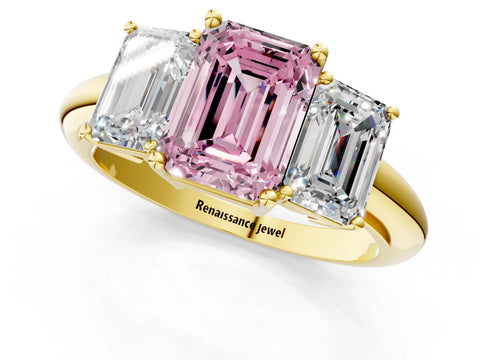Yellow gold Three-Stone Fancy Pink Emerald Cut Cut Diamond Engagement Ring with Prong Setting on a White Gold Band_37