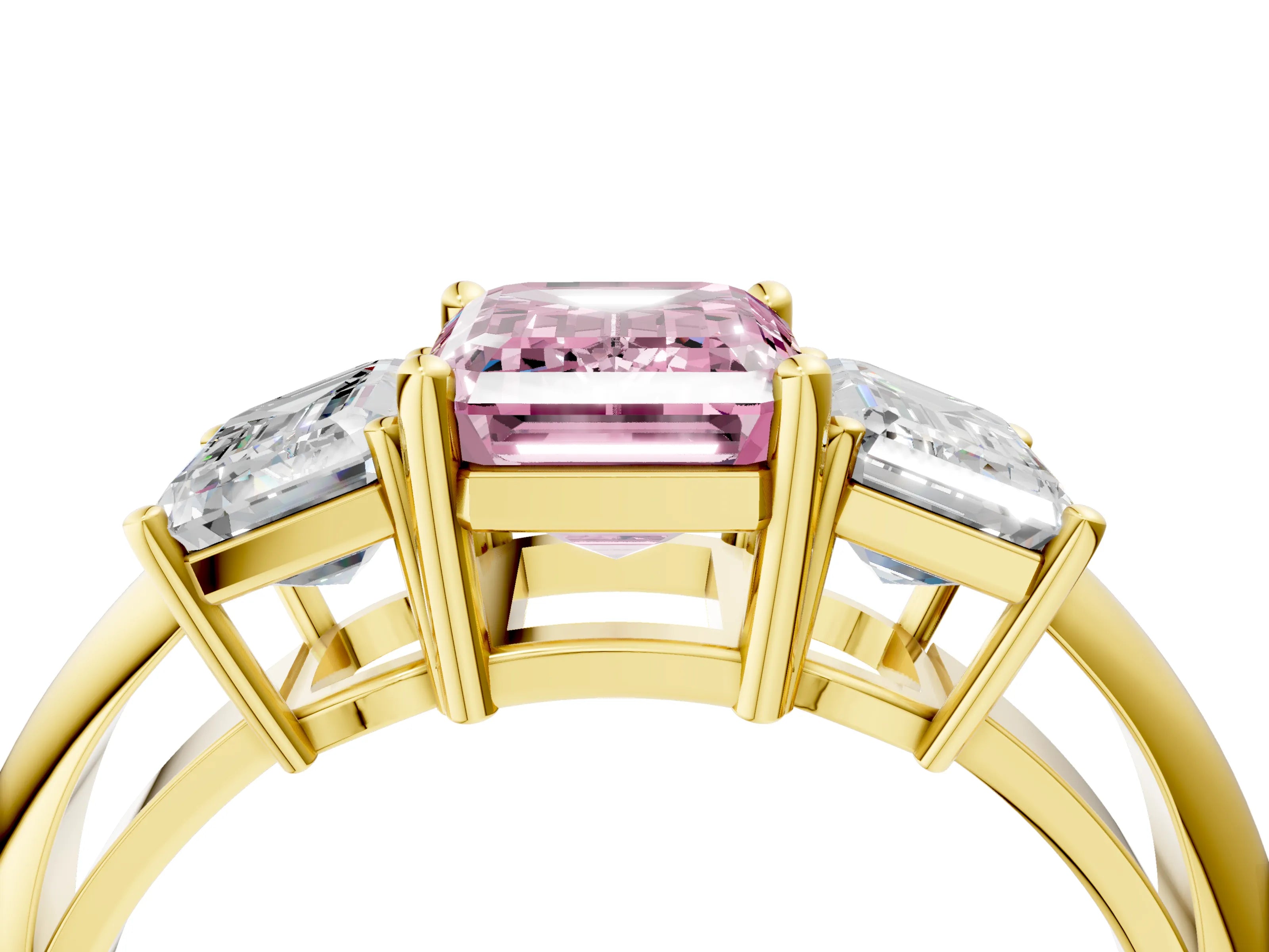 Yellow gold Three-Stone Fancy Pink Emerald Cut Cut Diamond Engagement Ring with Prong Setting on a White Gold Band_4