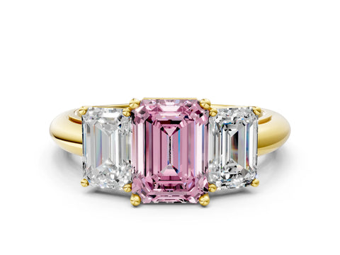Yellow gold Three-Stone Fancy Pink Emerald Cut Cut Diamond Engagement Ring with Prong Setting on a White Gold Band