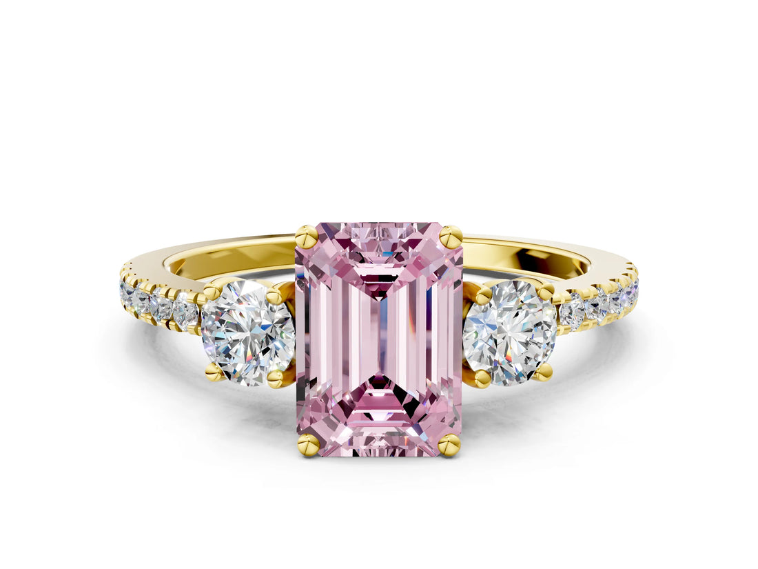 Yellow gold Three-Stone Fancy Pink Emerald Cut Cut Diamond Pavé Band with Prong Setting_15