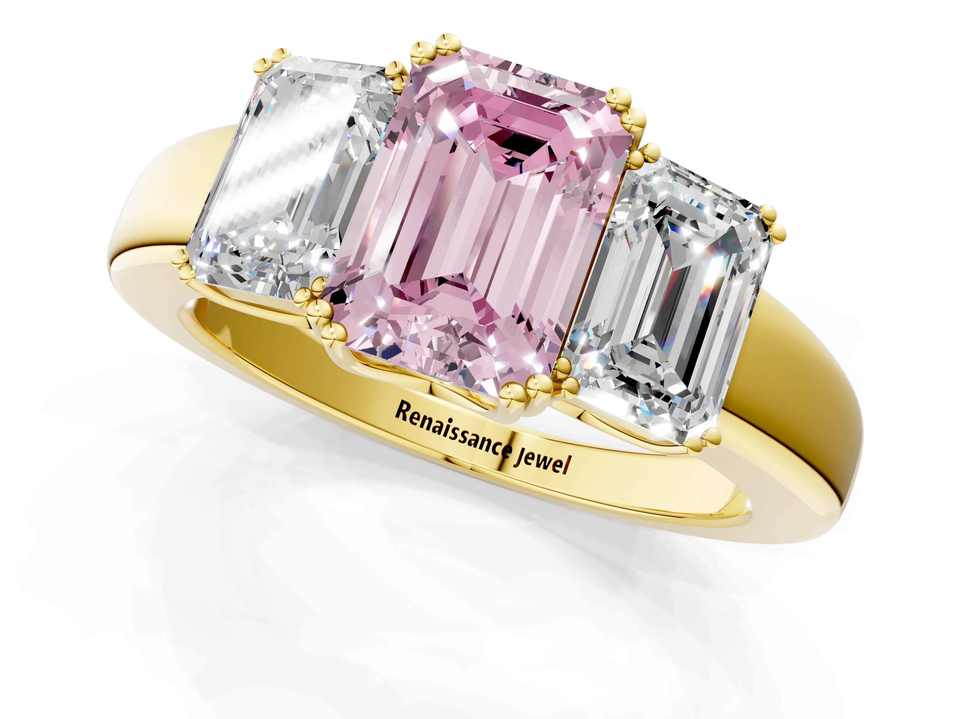 Yellow gold Three-Stone Fancy Pink Emerald Cut Cut Diamond Ring with Channel Set Band and Four-Prong Setting_1