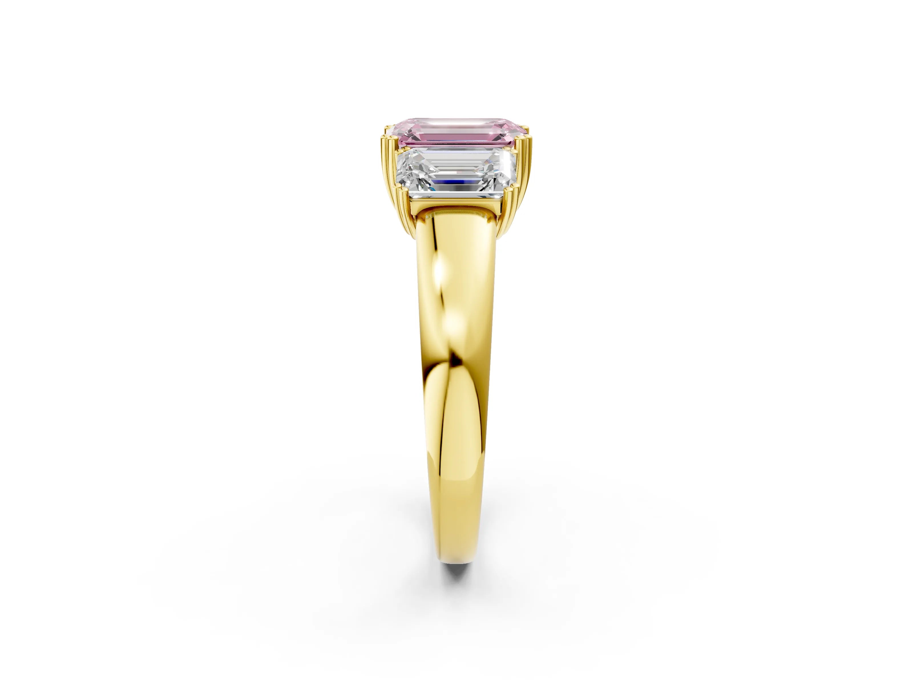 Yellow gold Three-Stone Fancy Pink Emerald Cut Cut Diamond Ring with Channel Set Band and Four-Prong Setting_2