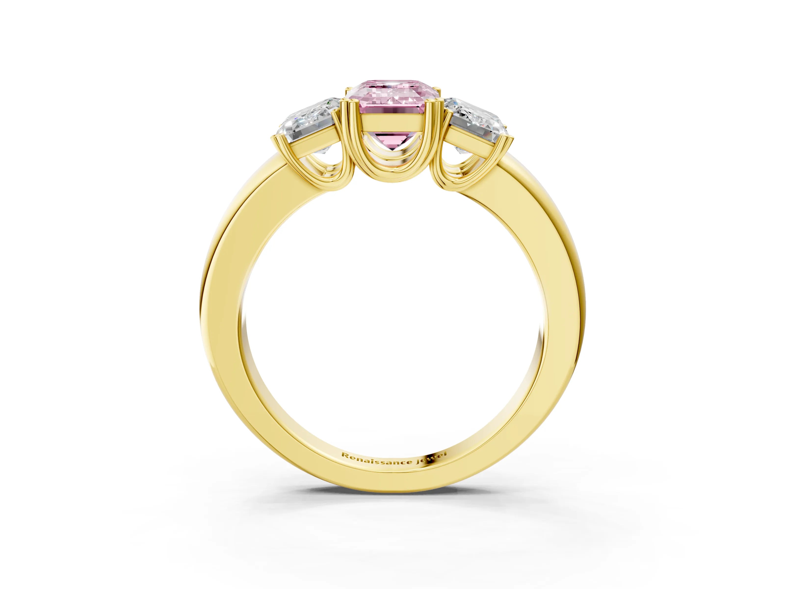 Yellow gold Three-Stone Fancy Pink Emerald Cut Cut Diamond Ring with Channel Set Band and Four-Prong Setting_3