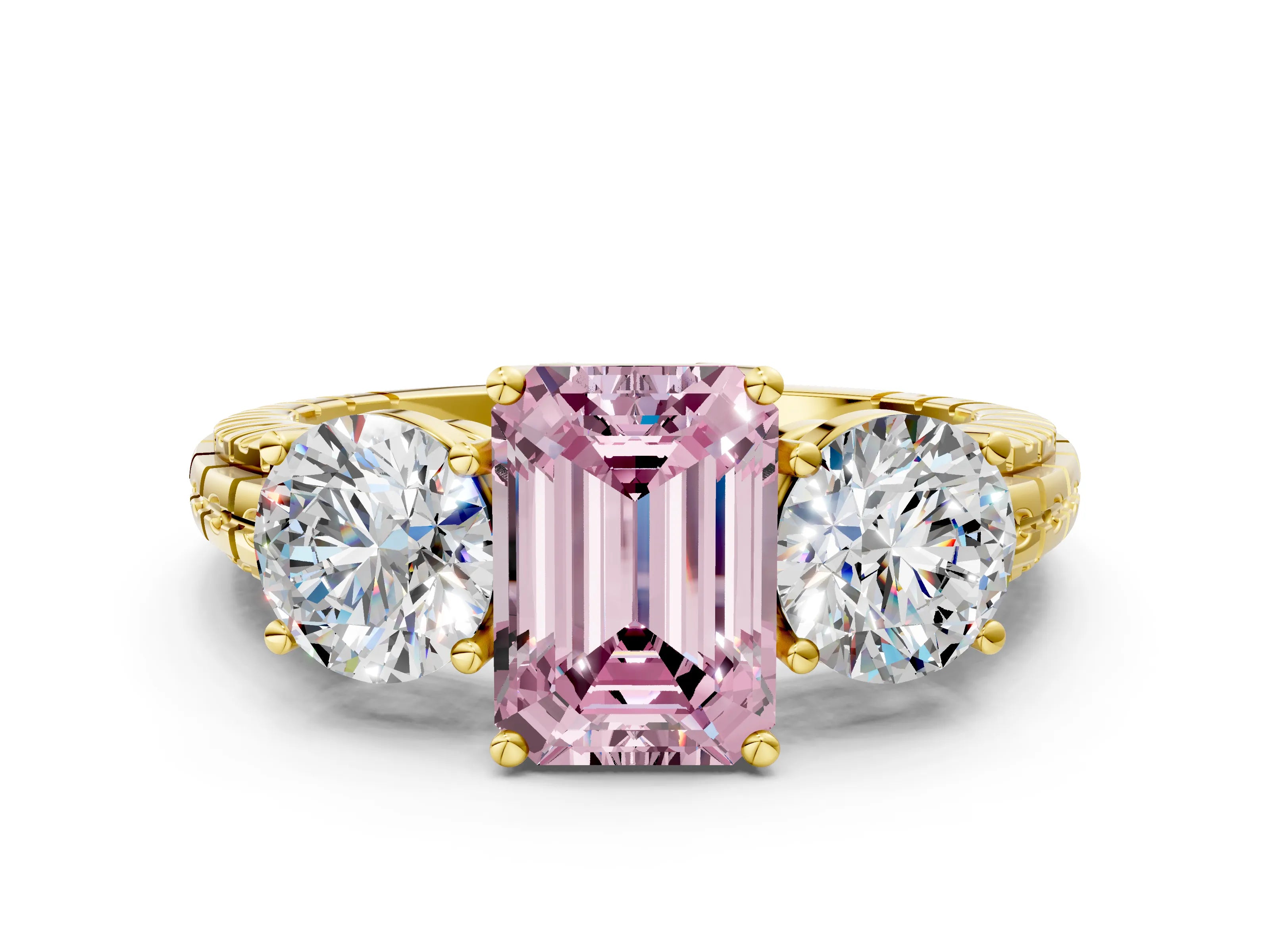 Yellow gold Three-Stone Fancy Pink Emerald Cut Cut Diamond Ring with Channel-Set Band and Prong Setting