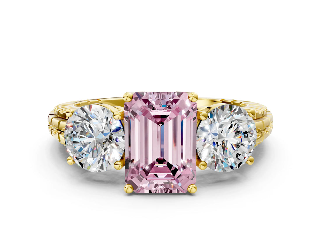 Yellow gold Three-Stone Fancy Pink Emerald Cut Cut Diamond Ring with Channel-Set Band and Prong Setting
