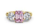 Yellow gold Three-Stone Fancy Pink Emerald Cut Cut Diamond Ring with Channel-Set Band and Prong Setting