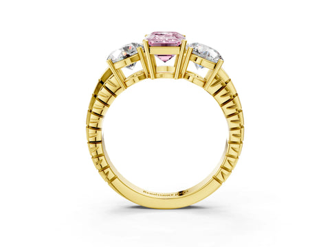 Yellow gold Three-Stone Fancy Pink Emerald Cut Cut Diamond Ring with Channel-Set Band and Prong Setting_3