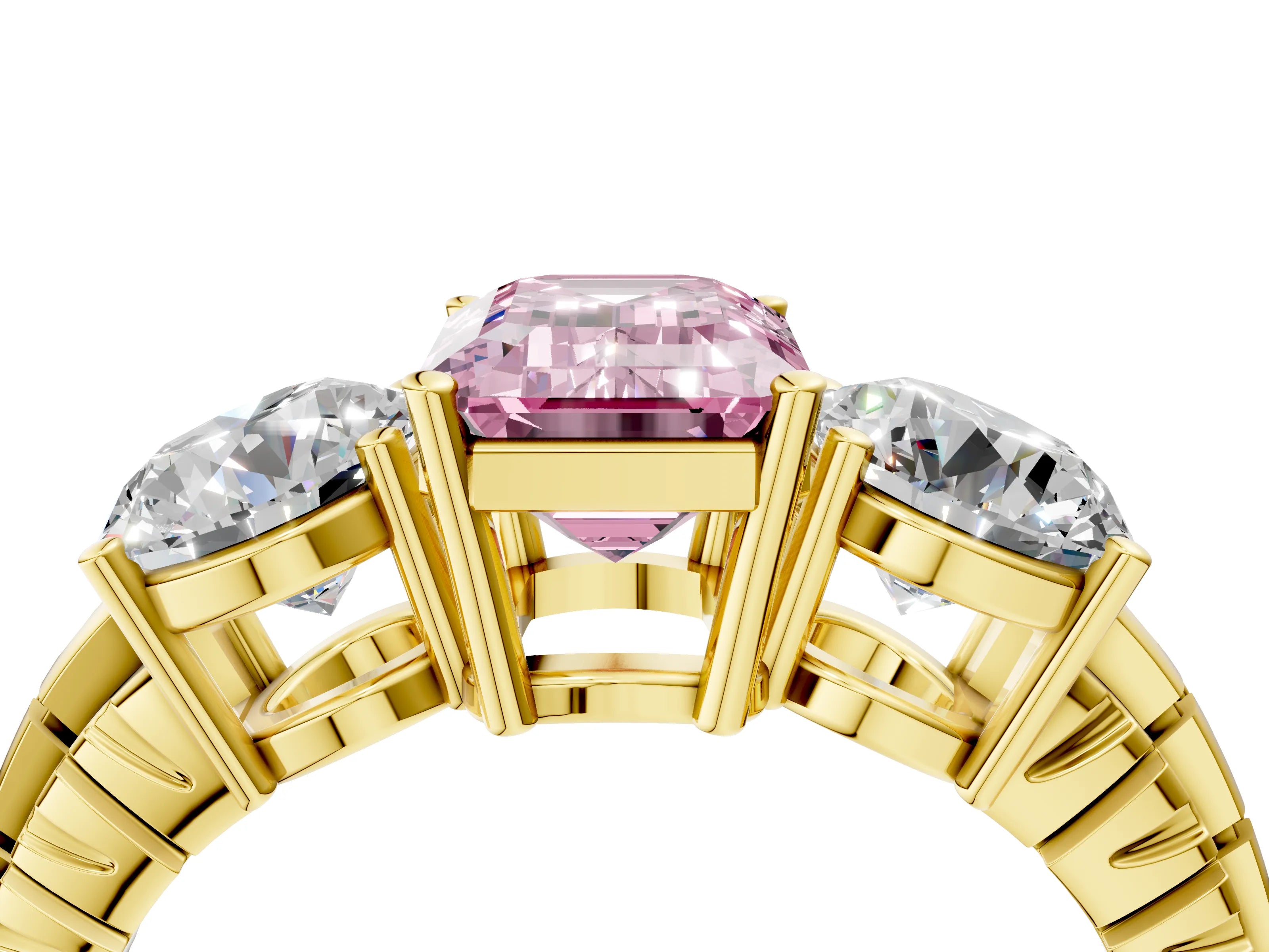 Yellow gold Three-Stone Fancy Pink Emerald Cut Cut Diamond Ring with Channel-Set Band and Prong Setting_4
