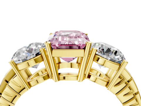Yellow gold Three-Stone Fancy Pink Emerald Cut Cut Diamond Ring with Channel-Set Band and Prong Setting_4