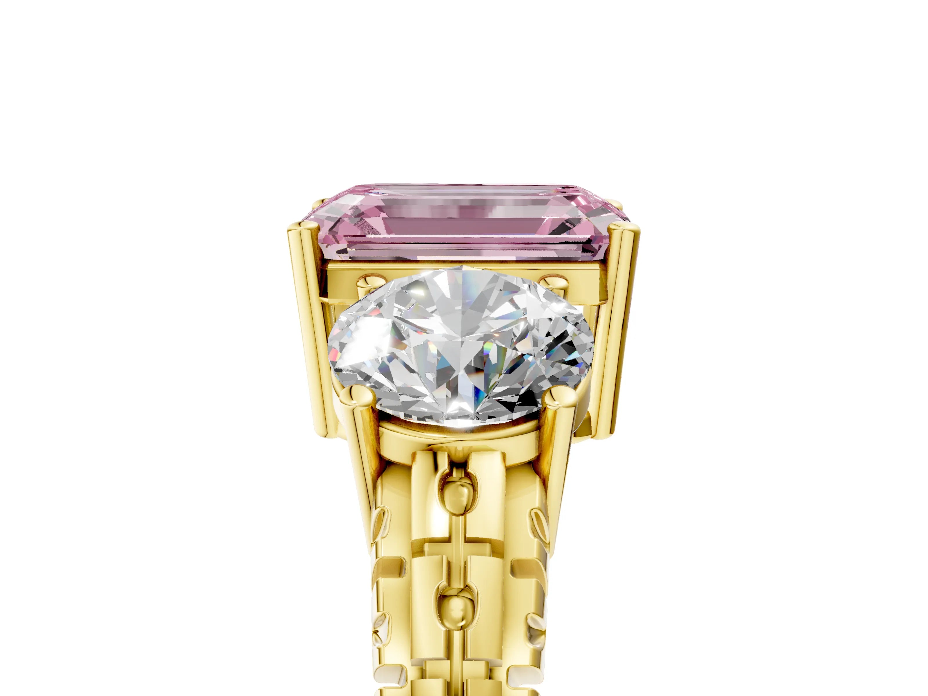 Yellow gold Three-Stone Fancy Pink Emerald Cut Cut Diamond Ring with Channel-Set Band and Prong Setting_5