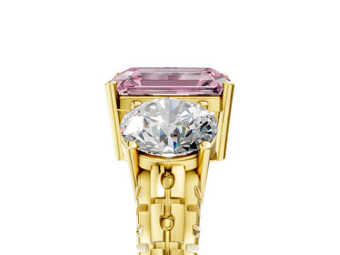 Yellow gold Three-Stone Fancy Pink Emerald Cut Cut Diamond Ring with Channel-Set Band and Prong Setting_5