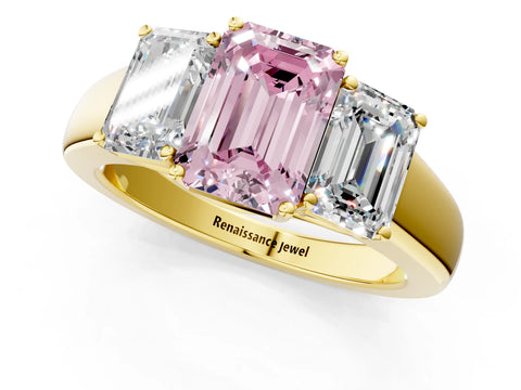 Yellow gold Three-Stone Fancy Pink Emerald Cut Cut Diamond Ring with Prong Setting and Classic Band_1